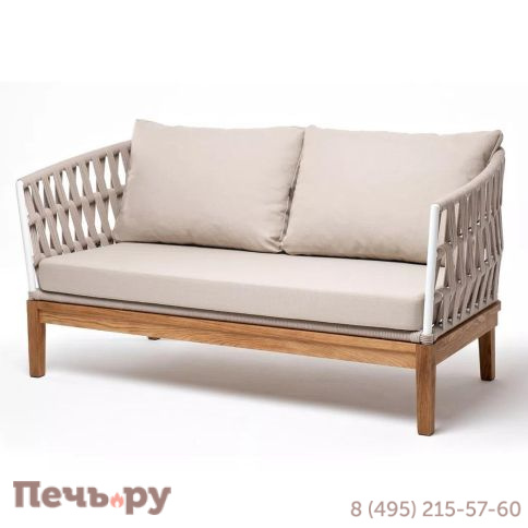 Диван 2-местный плетеный из роупа 4SiS Диего, основание дуб, каркас алюминий светло-серый (RAL7035) шагрень, роуп бежевый круглый, ткань бежевая 15052 фото