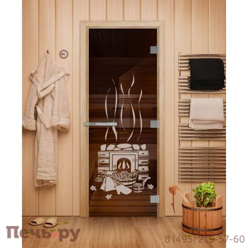 Дверь для бани DoorWood Эталон с рисунком 1900х700, 10 мм, 3 петли, коробка - листв. порода фото