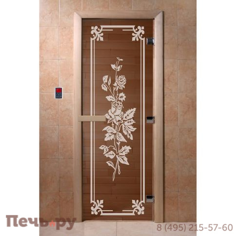 Дверь для бани DoorWood Розы 1900х700, 8 мм, 3 петли, коробка - ольха фото