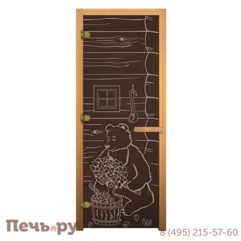 Дверь для сауны стеклянная Бронза Мишка 1900х700мм (8мм, 3 петли 710) (Магнит) (Бук) (правая) фото