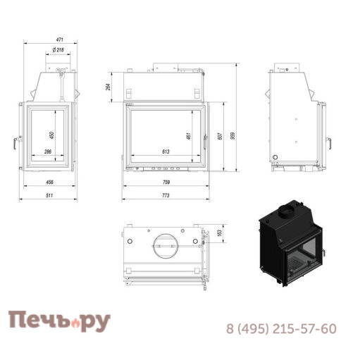 Каминная топка Kratki Amelia/PW/BP/24/W (стекло справа, змеевик) фото 3