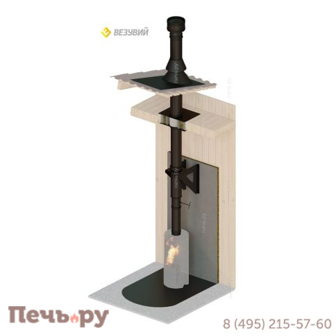 Комплект дымохода Везувий, д. 150 мм, нержсталь, черный, проход через крышу, верхний выход фото