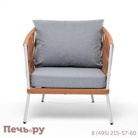 Кресло плетеное из роупа 4SiS Диего, каркас алюминий светло-серый (RAL7035) муар, роуп оранжевый меланж круглый, ткань светло-серая фото 2