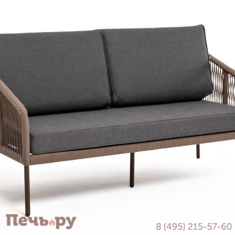 "Канны" диван 2-местный плетеный из роупа, каркас алюминий коричневый (RAL8016) муар, роуп коричневый круглый, ткань темно-серая 027 фото 3