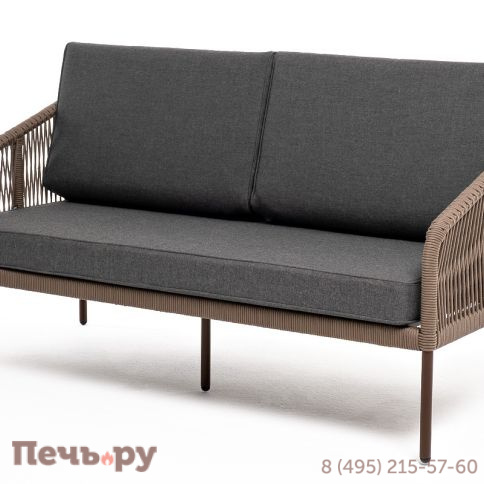 "Канны" диван 2-местный плетеный из роупа, каркас алюминий коричневый (RAL8016) муар, роуп коричневый круглый, ткань темно-серая 027 фото