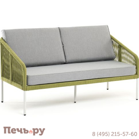 "Канны" диван 2-местный плетеный из роупа, каркас алюминий светло-серый (RAL7035) муар, роуп салатовый меланж круглый, ткань светло-серая фото 3