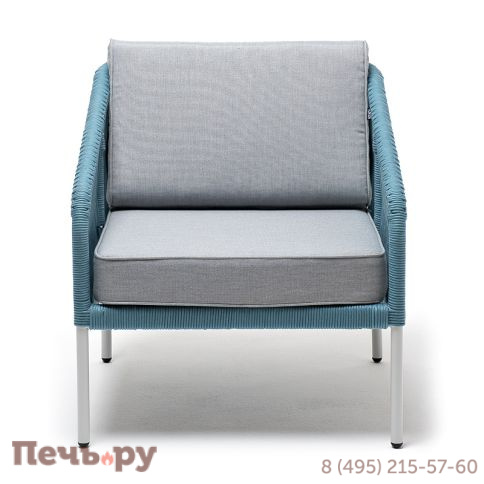 "Канны" кресло плетеное из роупа, каркас алюминий светло-серый (RAL7035) муар, роуп бирюзовый круглый, ткань светло-серая фото 2