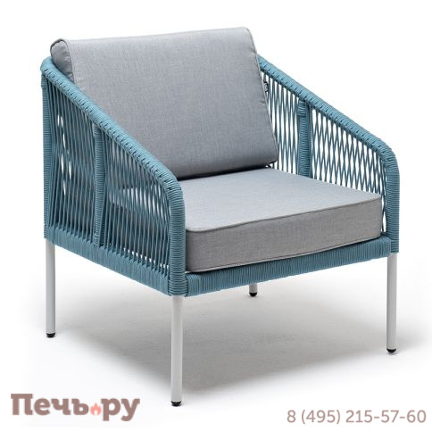 "Канны" кресло плетеное из роупа, каркас алюминий светло-серый (RAL7035) муар, роуп бирюзовый круглый, ткань светло-серая фото 3