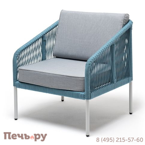 "Канны" кресло плетеное из роупа, каркас алюминий светло-серый (RAL7035) муар, роуп бирюзовый круглый, ткань светло-серая фото