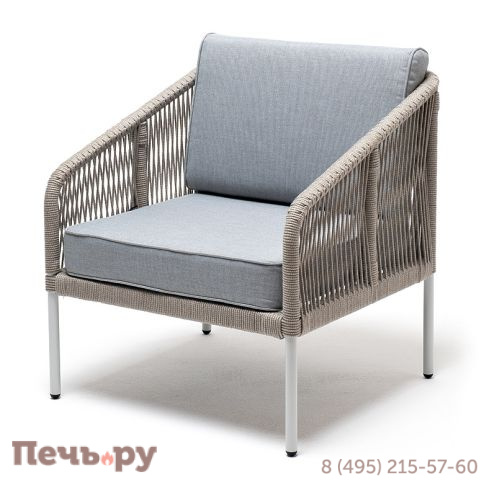 "Канны" кресло плетеное из роупа, каркас алюминий светло-серый (RAL7035) муар, роуп серый меланж круглый, ткань светло-серая фото