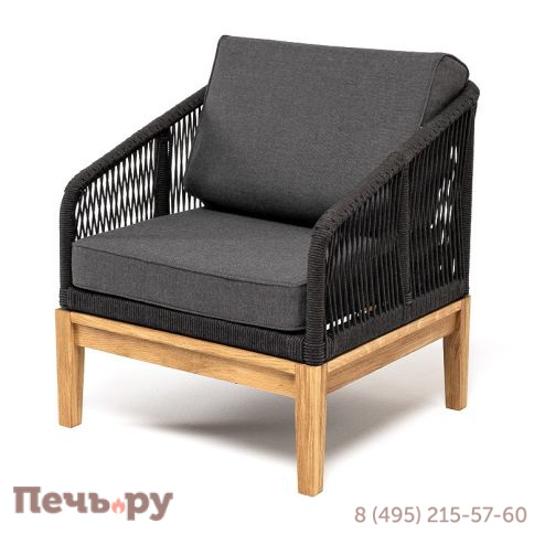 "Канны" кресло плетеное из роупа, основание дуб, роуп темно-серый круглый, ткань темно-серая 027 фото