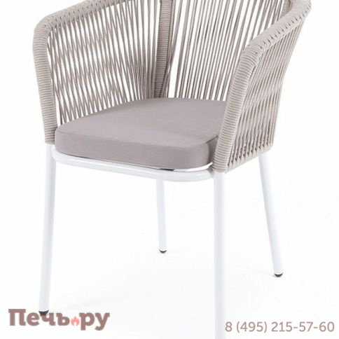 "Марсель" стул плетеный из роупа, каркас алюминий белый муар, роуп бежевый круглый, ткань бежевая 15052  фото