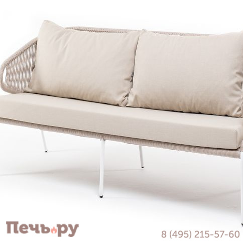 "Милан" диван 2-местный плетеный из роупа, каркас алюминий белый муар, роуп бежевый круглый, ткань бежевая 052 фото