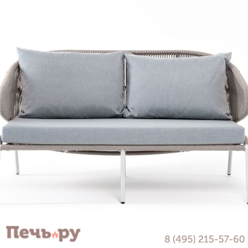 "Милан" диван 2-местный плетеный из роупа, каркас алюминий светло-серый (RAL7035) муар, роуп серый меланж круглый, ткань светло-серая фото 2