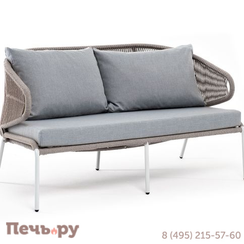 "Милан" диван 2-местный плетеный из роупа, каркас алюминий светло-серый (RAL7035) муар, роуп серый меланж круглый, ткань светло-серая фото 3