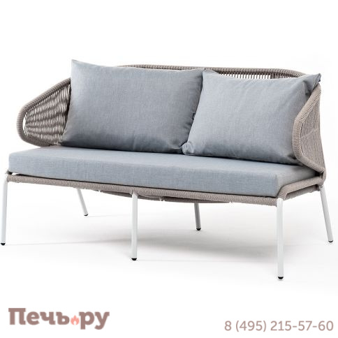 "Милан" диван 2-местный плетеный из роупа, каркас алюминий светло-серый (RAL7035) муар, роуп серый меланж круглый, ткань светло-серая фото