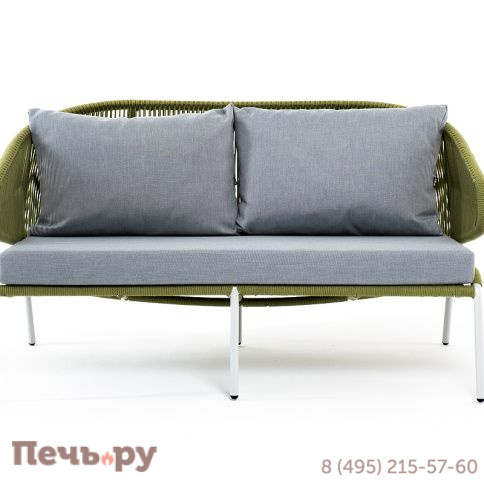 "Милан" диван 2-местный плетеный из роупа, каркас алюминий светло-серый (RAL7035) шагрень, роуп салатовый меланж круглый, ткань светло-серая фото 2