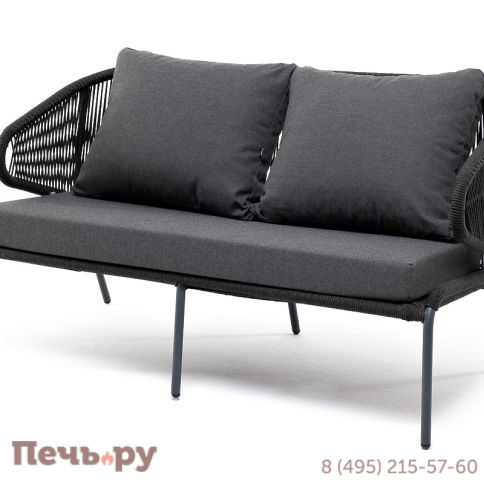 "Милан" диван 2-местный плетеный из роупа, каркас алюминий темно-серый (RAL7024) муар, роуп темно-серый круглый, ткань темно-серая 027 фото